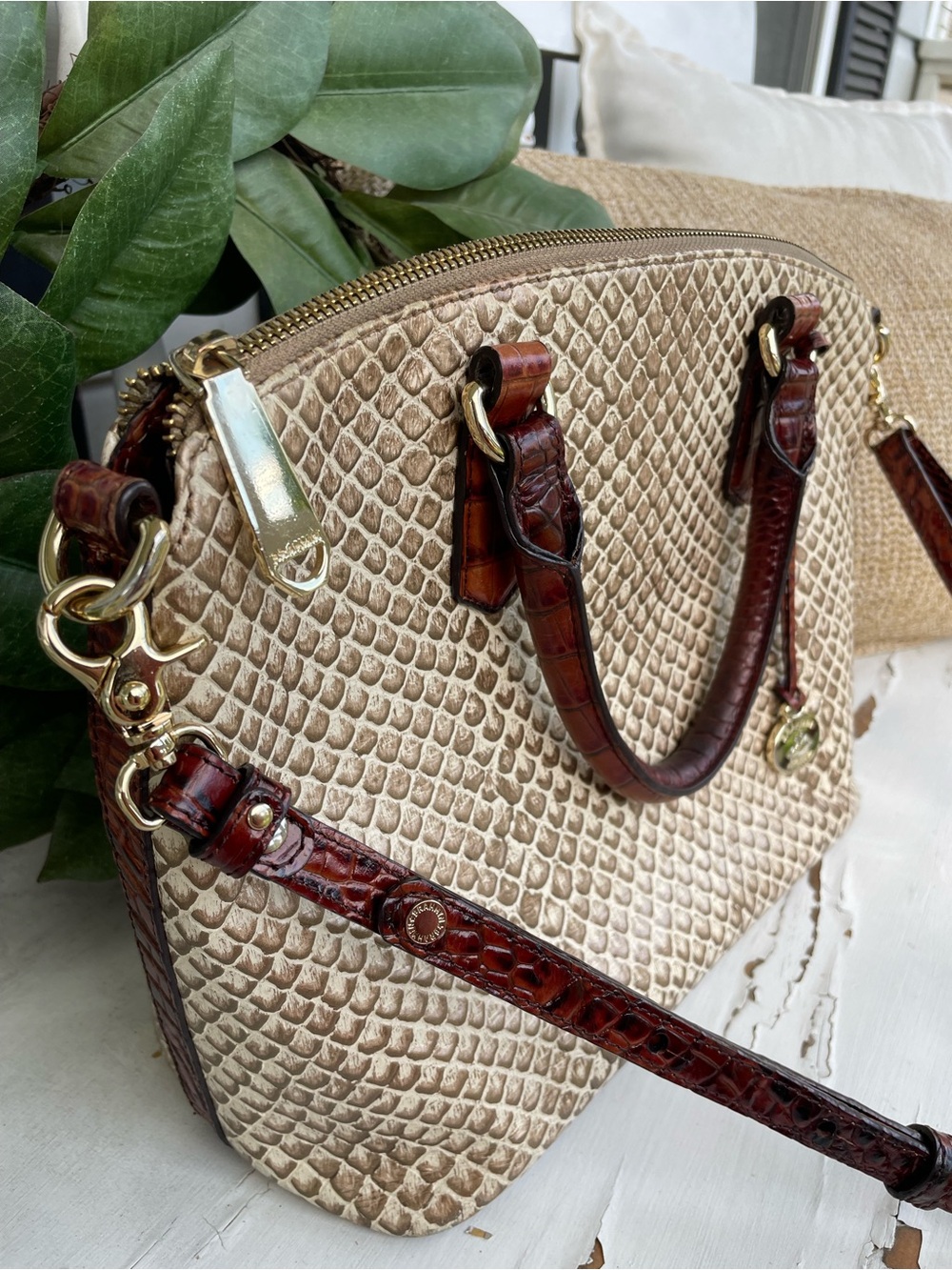 BRAHMIN Duxbury Satchel in Cream & Gold with DUST COVER Bag & Crossbody